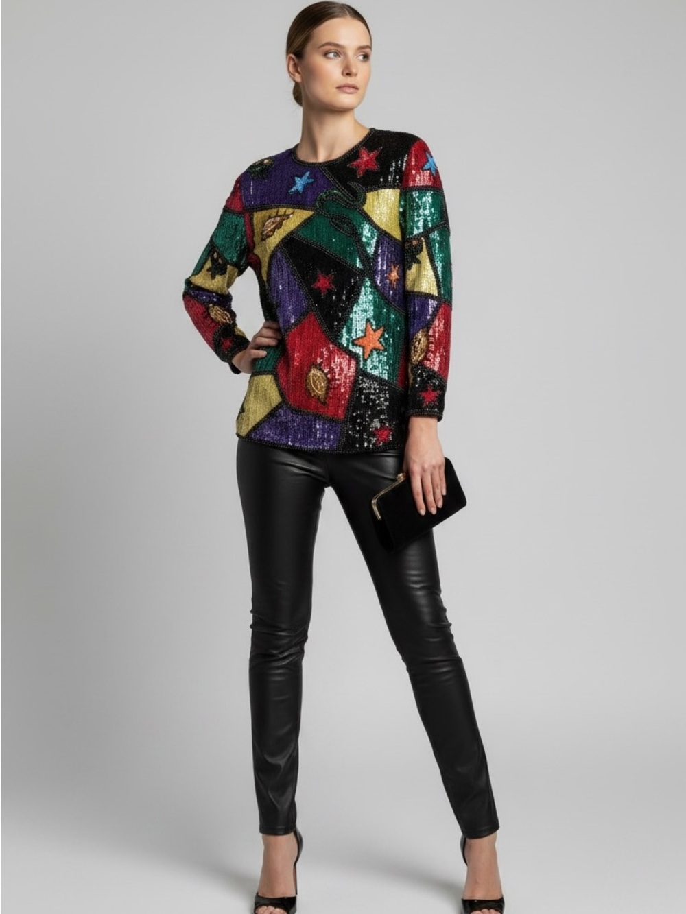 Vintage Multicolor Sequin Geometric Star Patchwork Top